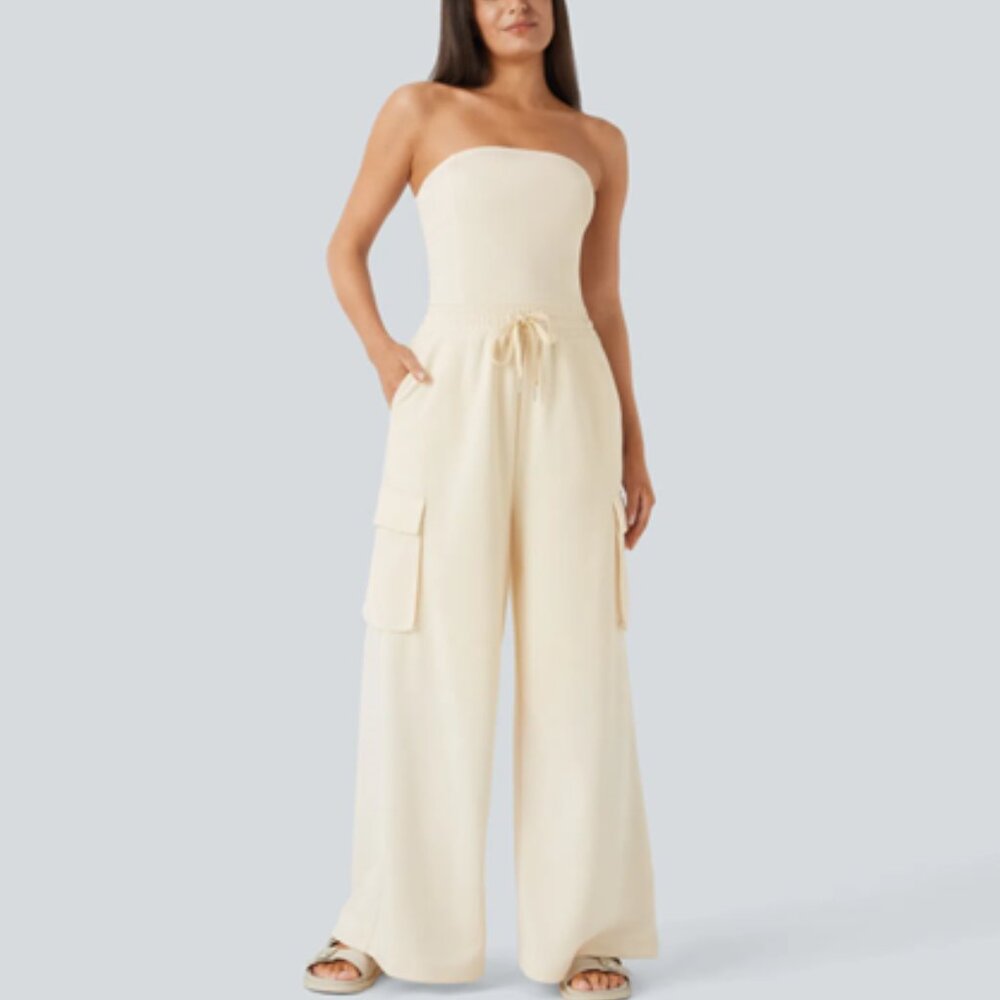 NWT Tube Drawstring Pockets Wide Leg Casual Cargo Jumpsuit, XL